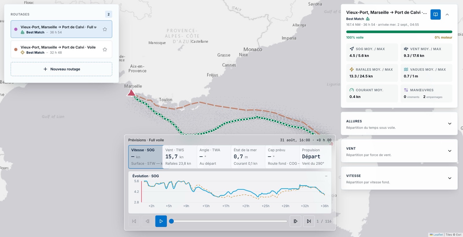Deux routes calculées entre Marseille et Calvi, barbules de vent sur la carte, panneau d’analyse et lecture heure par heure des prévisions.